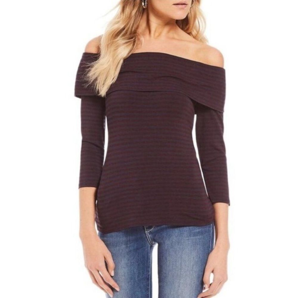 Trina Turk Off the Shoulder Navy Burgundy Striped Nautical Coastal Top NWT xs